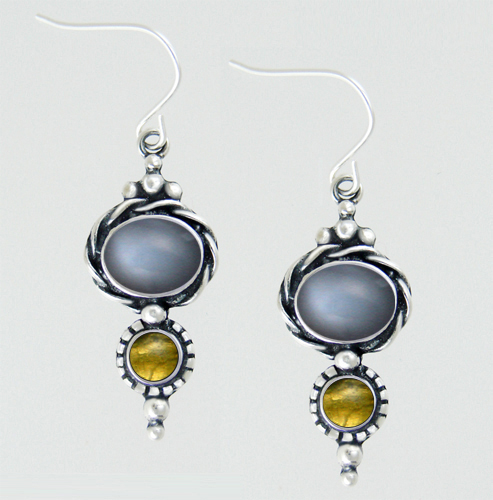 Sterling Silver Drop Dangle Earrings With Grey Moonstone And Citrine